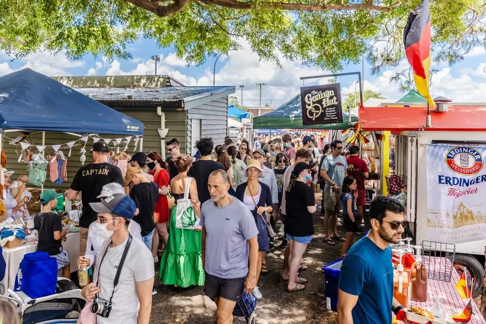 Crowds among the stalls at the West End Markets