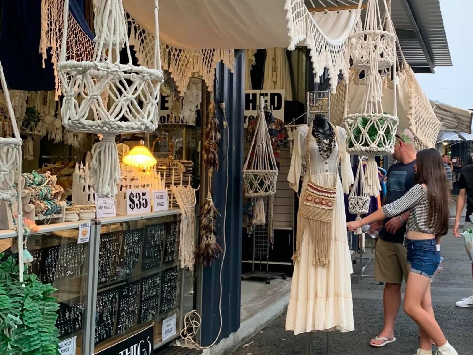 A macrame and clothing stall at Carrara Markets
