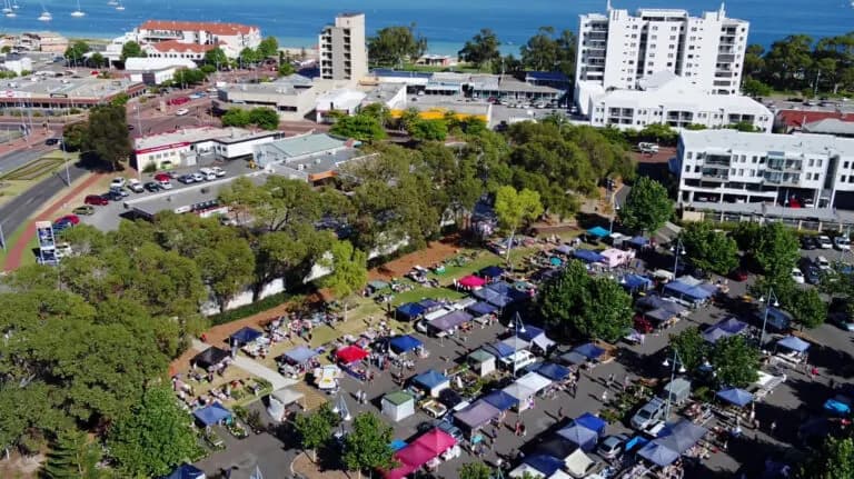 Aerial view of the Rockingham Rotary Market stalls near the foreshore