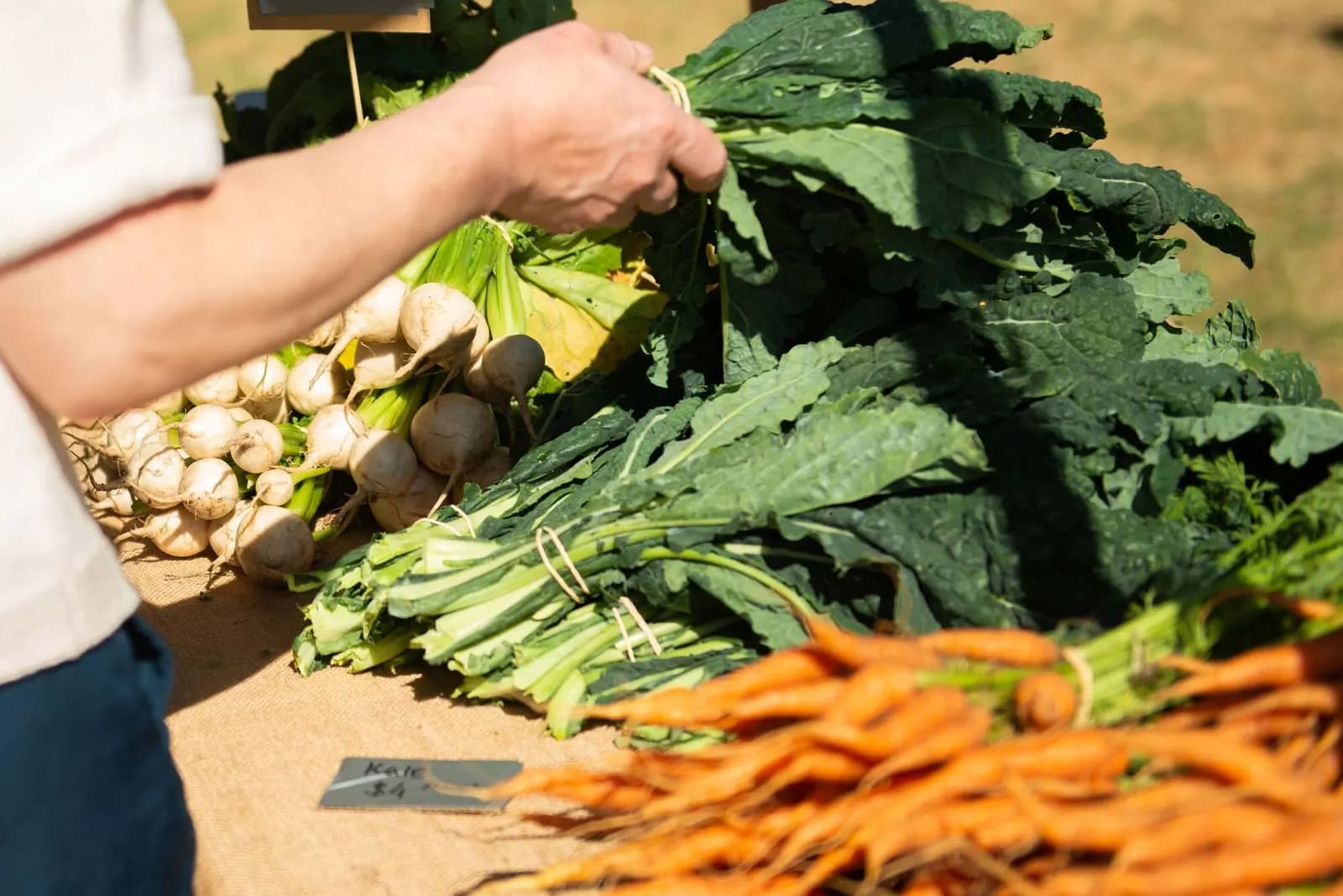 Kale, turnips and carrots on a grower's table at Castlemaine Farmers Market