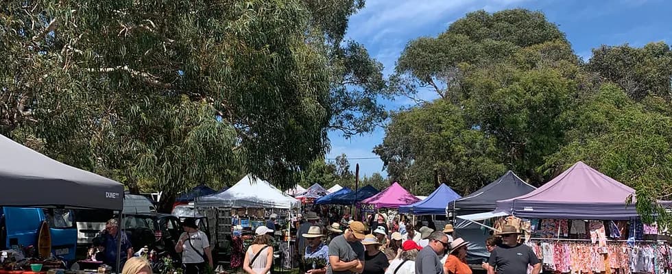 Market marquees under tall trees at Tarwin Village Market