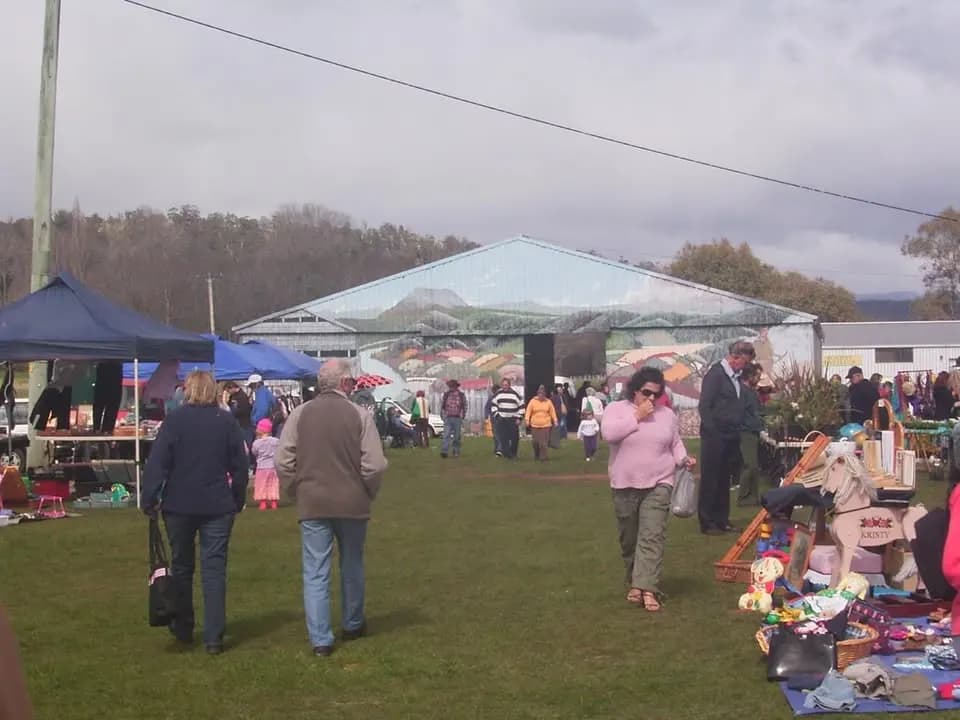 Market stalls and shoppers on the grass at Deloraine