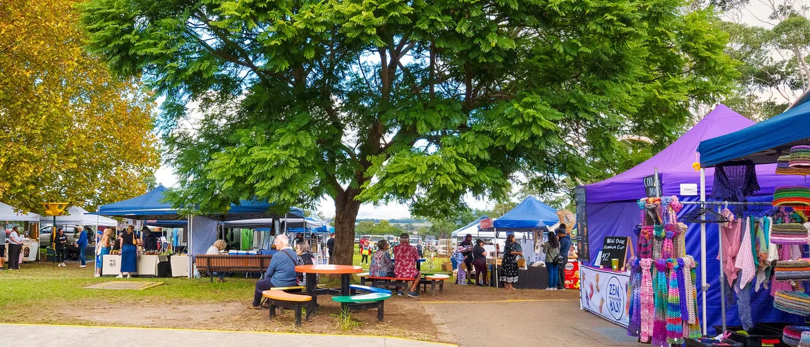 Stalls and picnic tables under a large tree at Cobbitty Village Markets