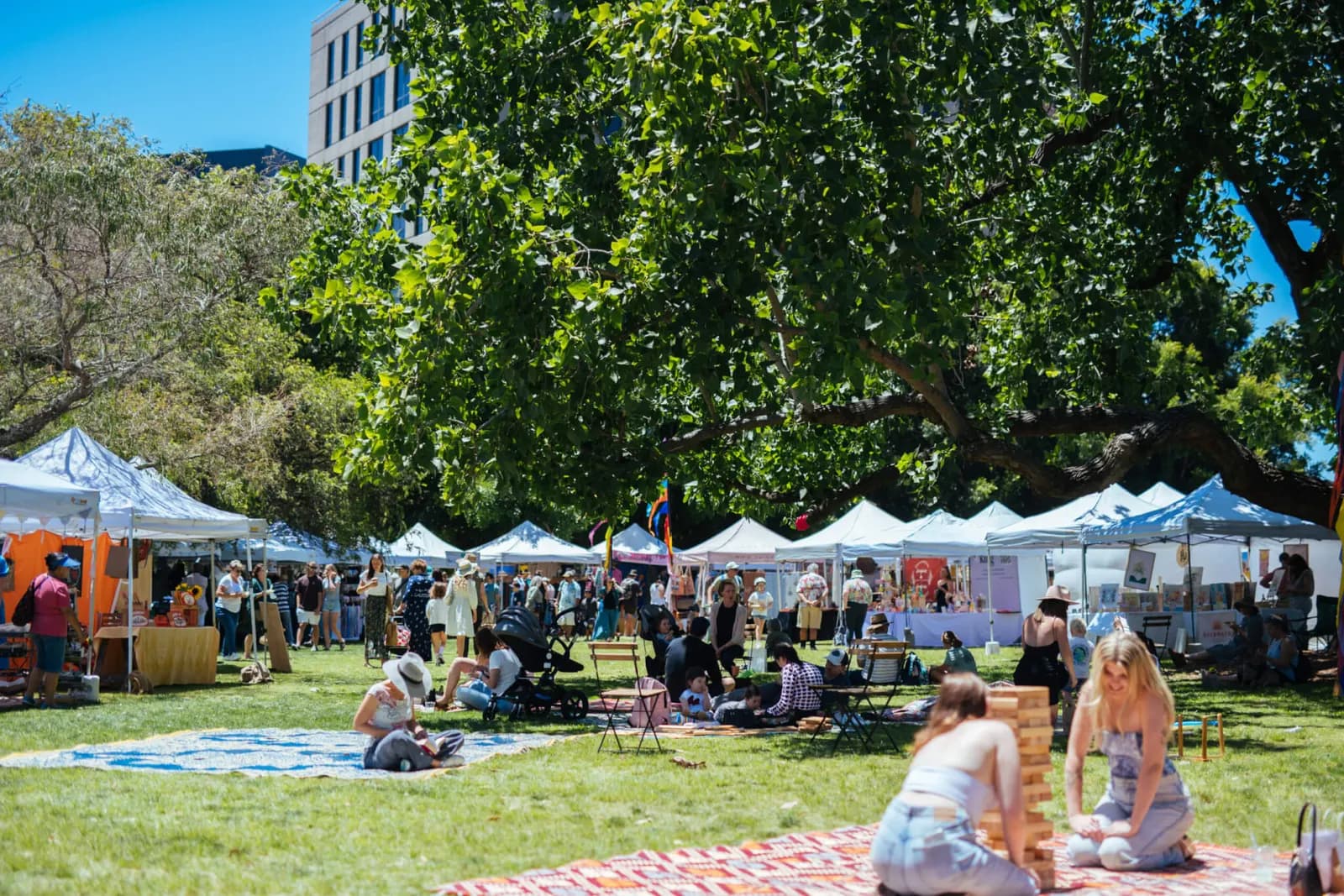 Stalls and picnickers on the lawn at The Olive Tree Market