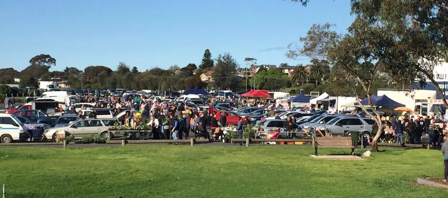 Stalls and shoppers across the car park at The Belmont Market in Geelong