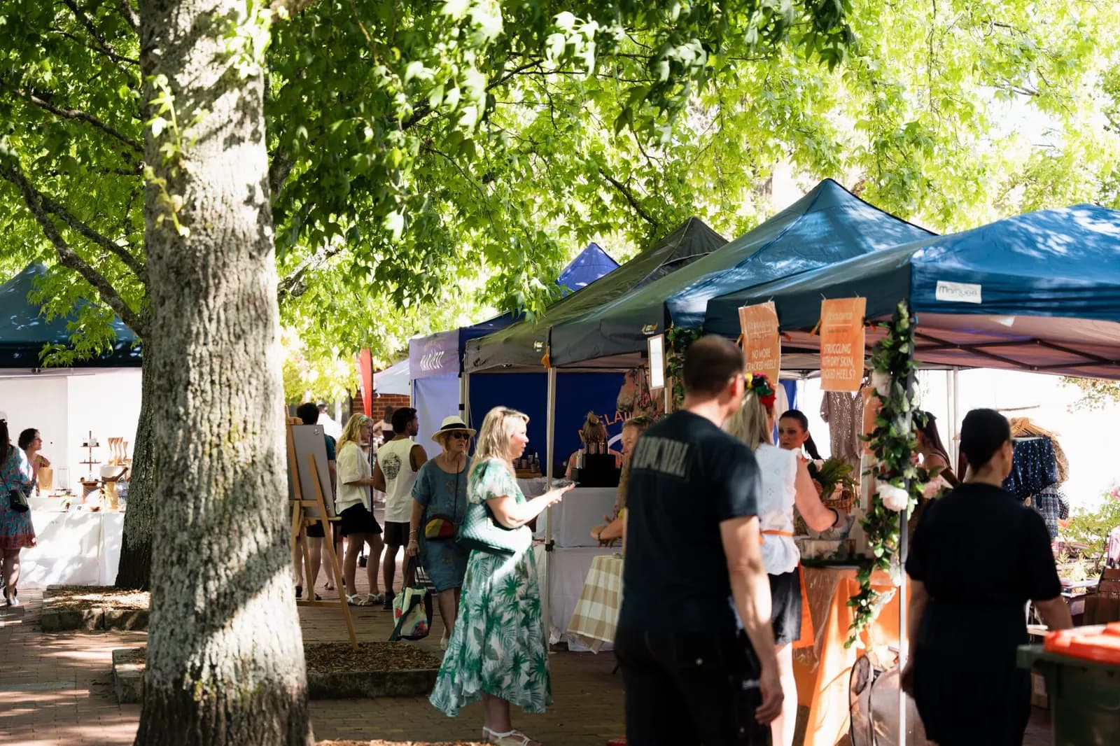 Stalls and shoppers under the trees at Stirling Laneways