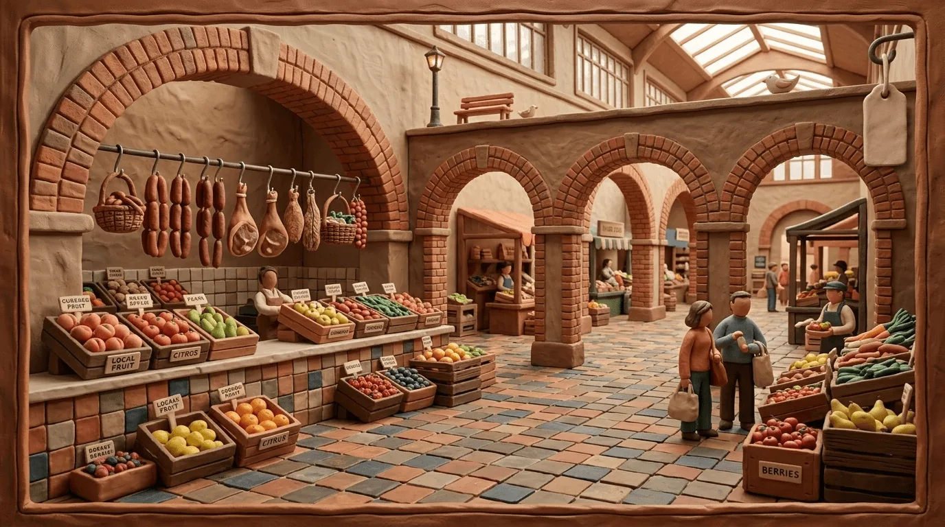 Rows of stone archways and fruit crates inside a fresh produce market hall, in the style of Adelaide Central Market