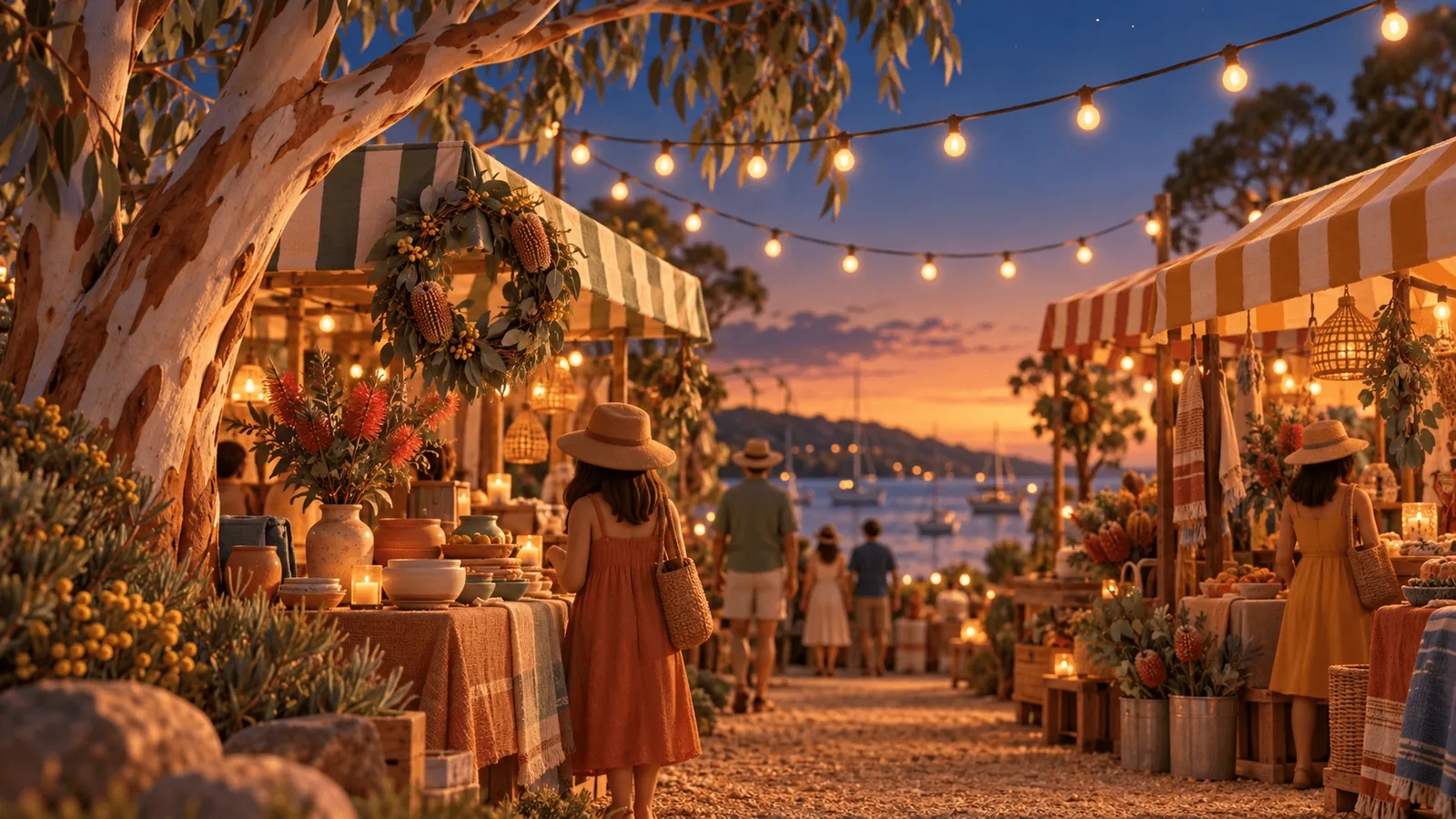 Market stalls under festoon lights at dusk on a warm December evening, with a wreath of banksia and eucalyptus on one awning