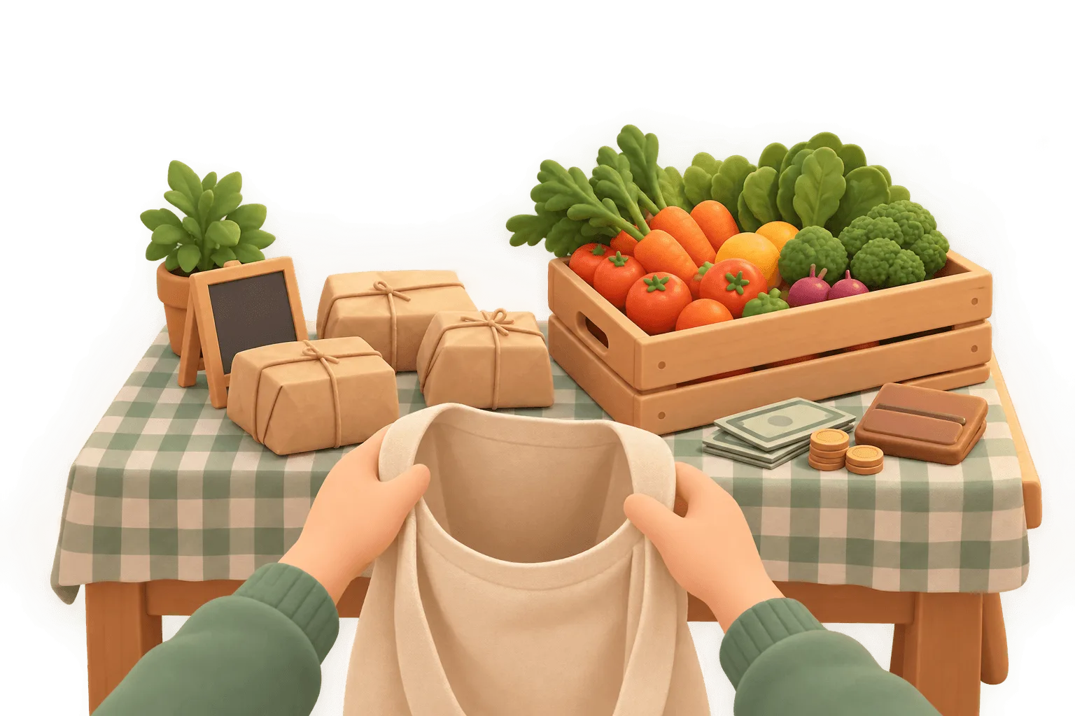 Hands opening a canvas market tote beside crates of fresh vegetables, wrapped parcels and cash on a stallholder's table
