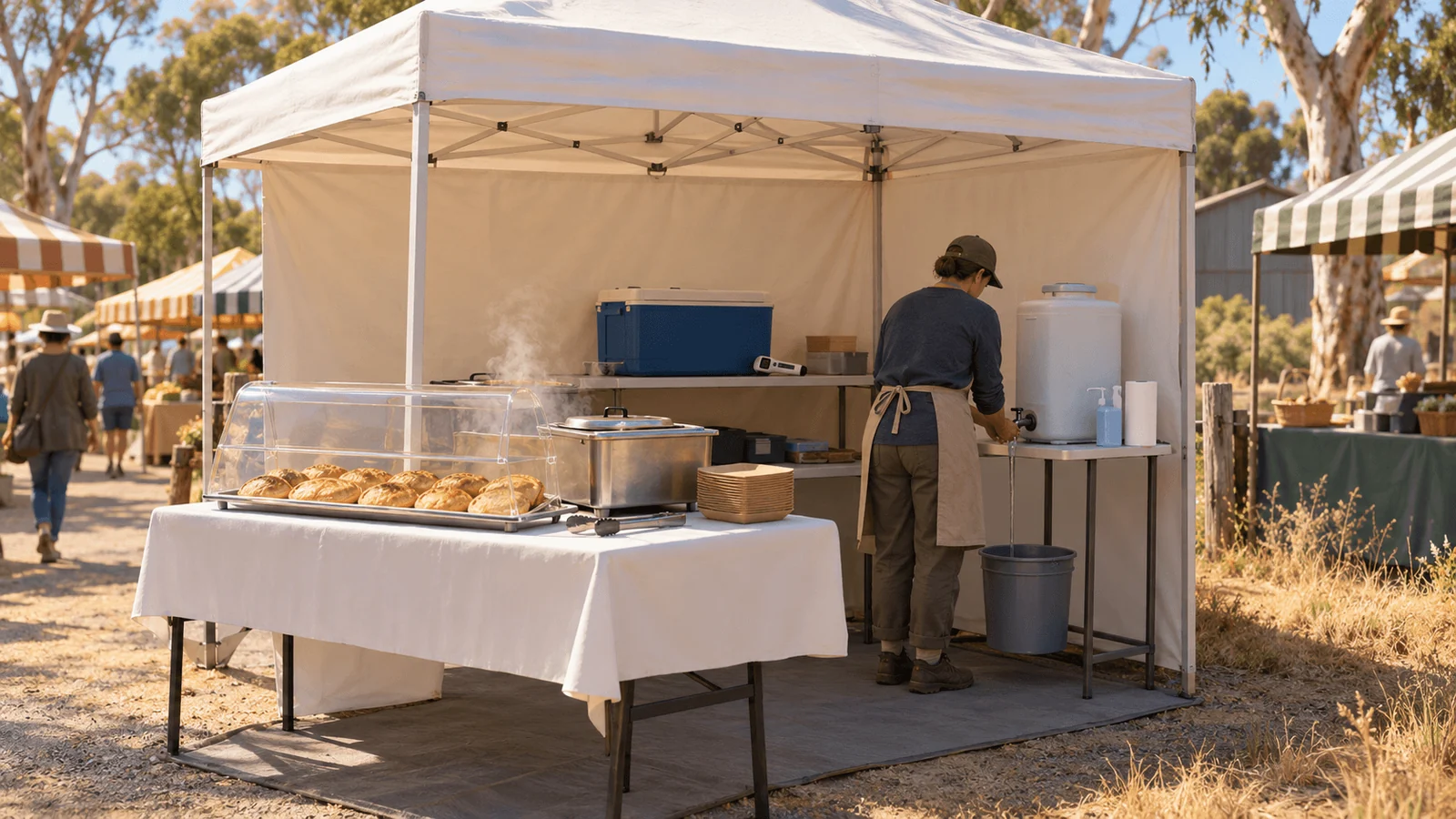 A market food stall under a white marquee with three walls and a floor mat, a stallholder washing their hands at a water container with a tap, soap and paper towels beside it, and hand pies under a cover at the front
