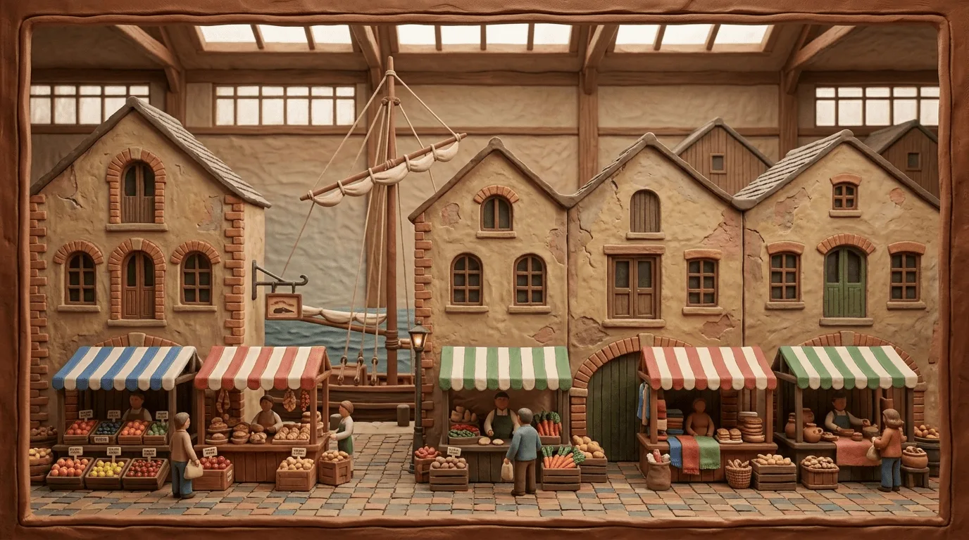 Striped market stalls beneath sandstone waterfront warehouses, in the style of Salamanca Market in Hobart