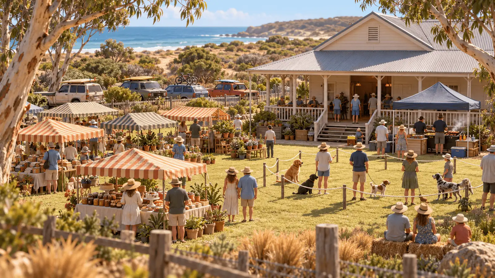 A small market on the lawn of a country hall on a sunny long-weekend Monday, with a dog show ring roped off beside the stalls