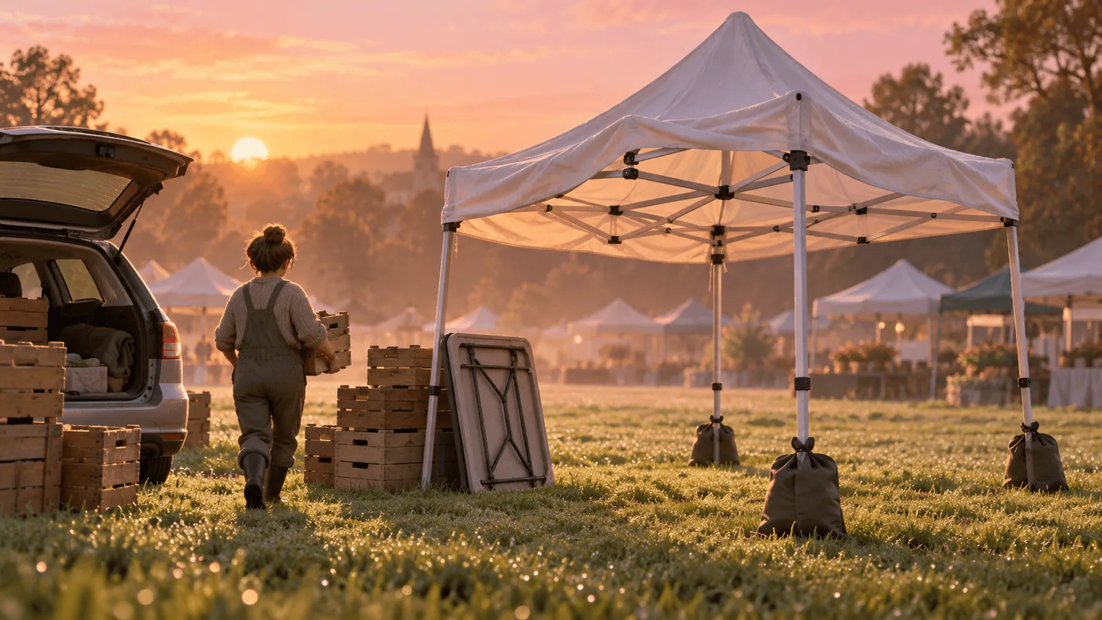 A stallholder carrying a crate from an open car boot to a half-set-up marquee on a market site at dawn