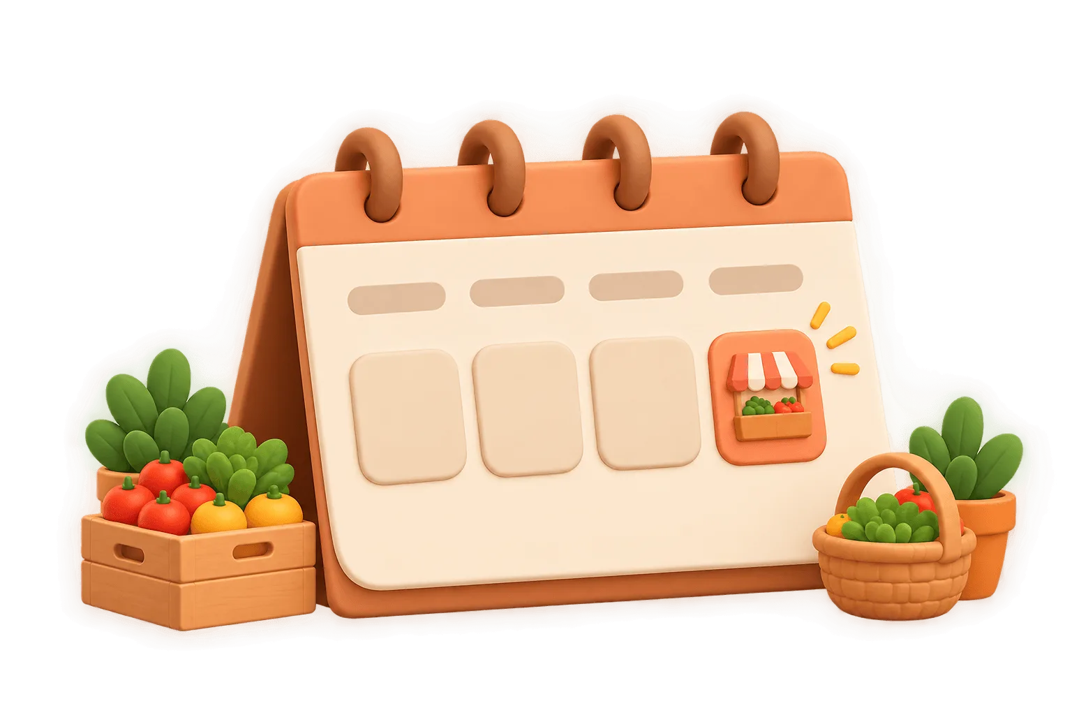 A wall calendar with one day marked by a small market stall icon, showing how a market's set trading day works