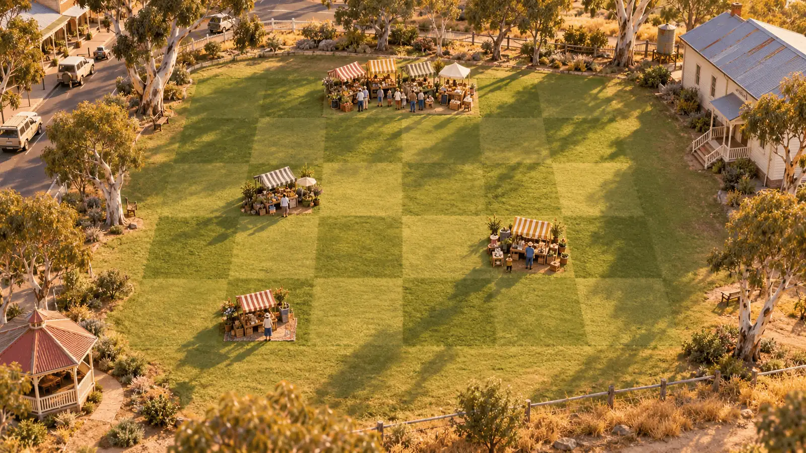 A village park seen from above, mown into a grid of squares like a month, with tiny market stalls set up on just a few of them
