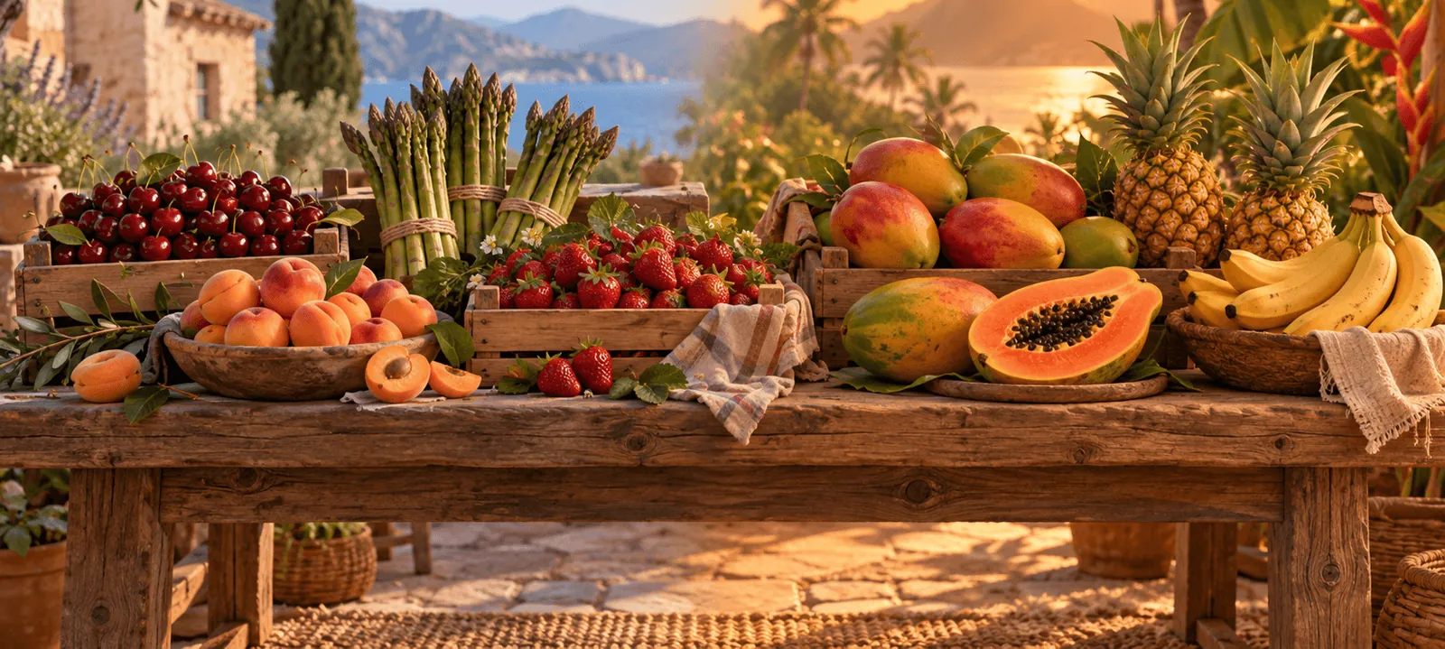 Cherries, apricots, asparagus and strawberries on one side of a market table, mangoes, pineapples, papaya and bananas on the other