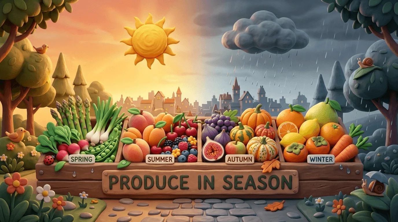A crate of Australian fruit and vegetables sorted into spring, summer, autumn and winter, showing how market produce changes with the seasons