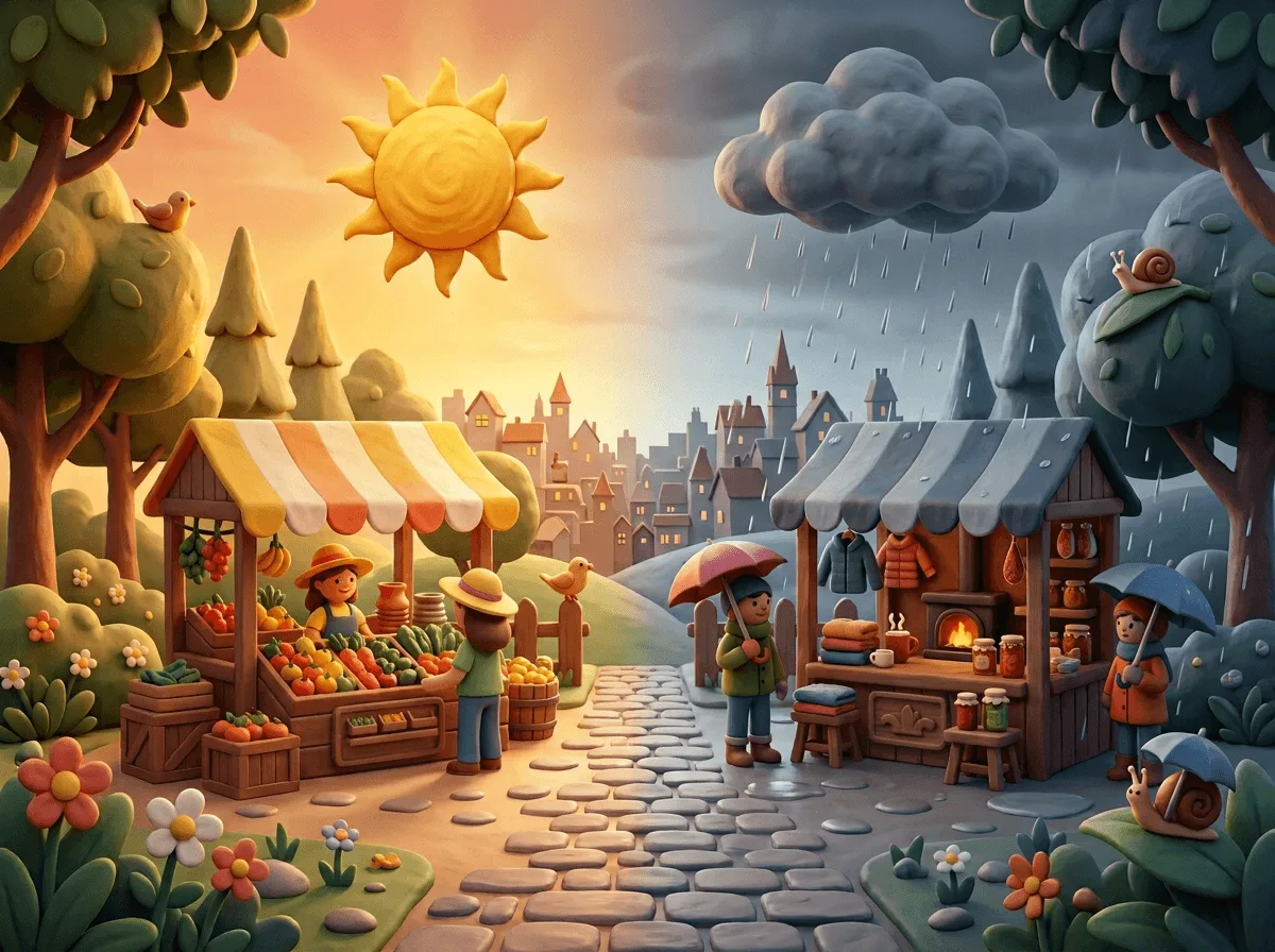 Two market stalls side by side, one under a bright sun and one under a rain cloud, showing how market seasons run opposite ways across Australia