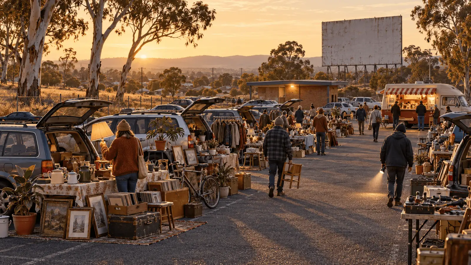 Car boots open in a big car park at dawn, with folding tables of secondhand goods and early buyers walking the rows