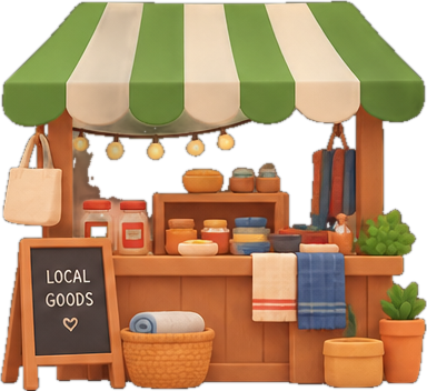 Clay illustration of a community market stall with local goods