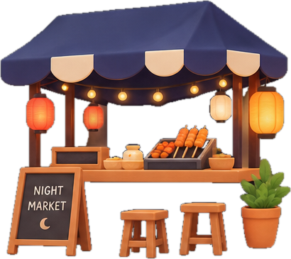 Clay illustration of a lantern-lit night market stall