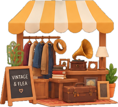Clay illustration of a vintage and secondhand stall